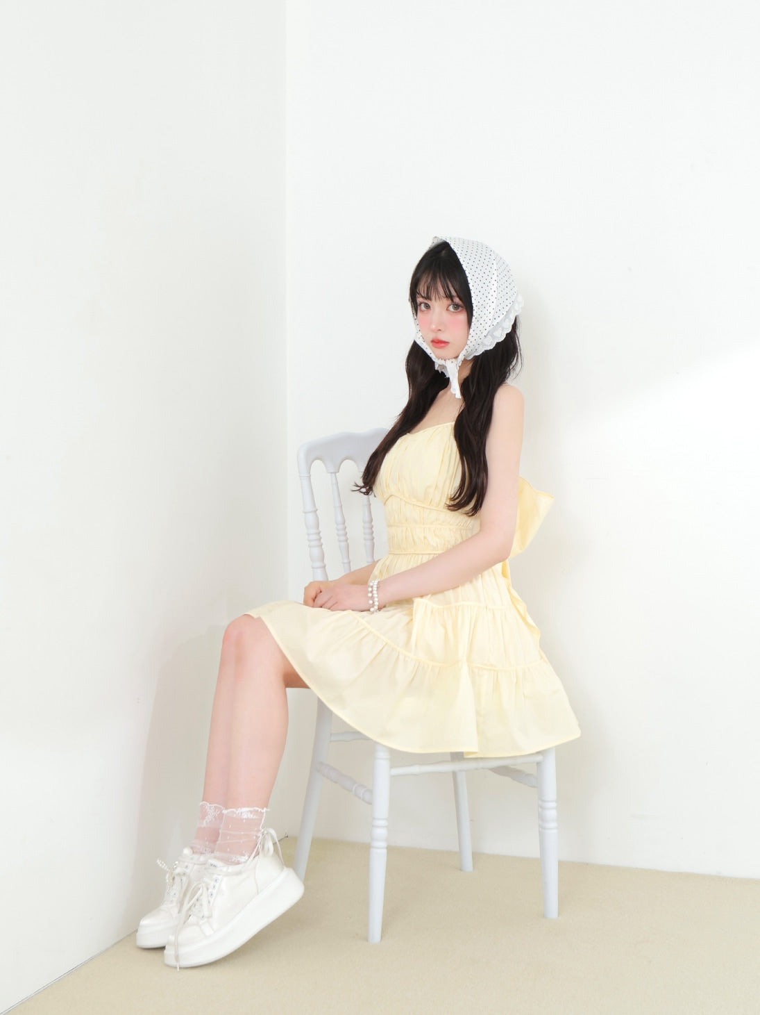 Back ribbon gather flare mini onepiece(eme10704)
