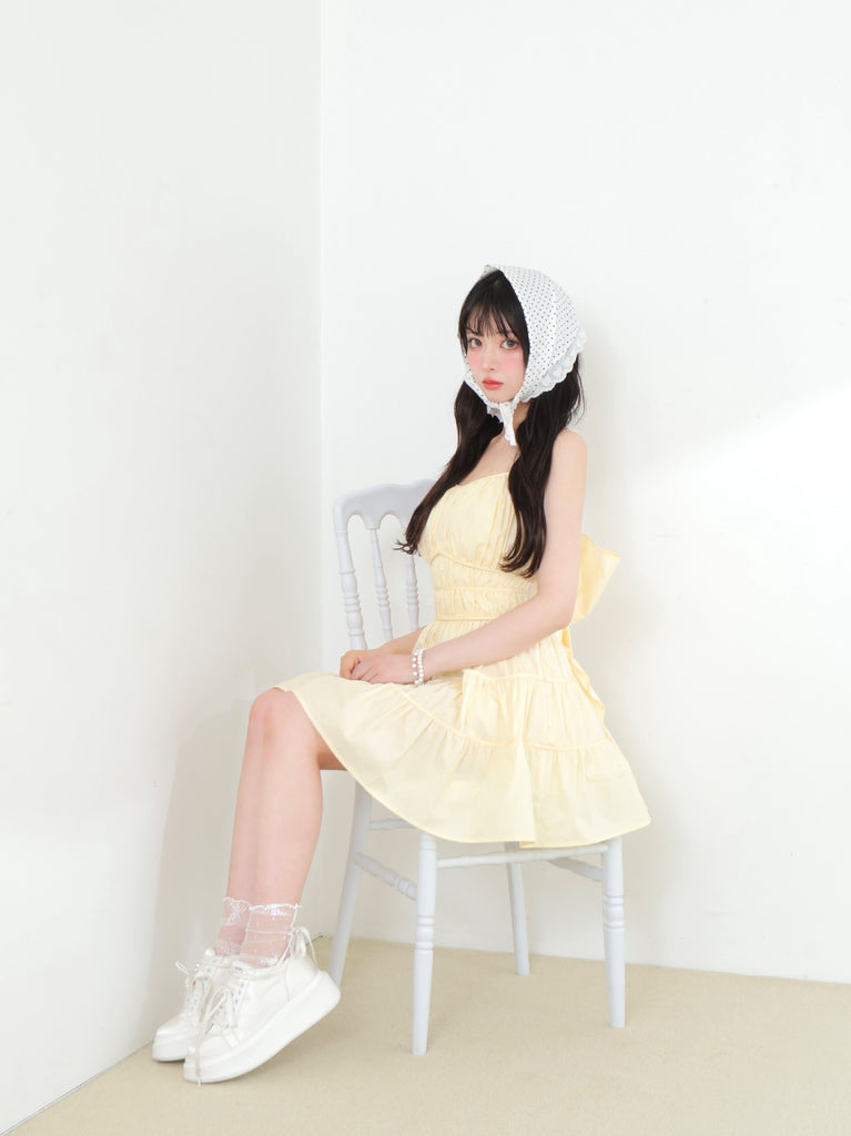 Back ribbon gather flare mini onepiece(eme10704)