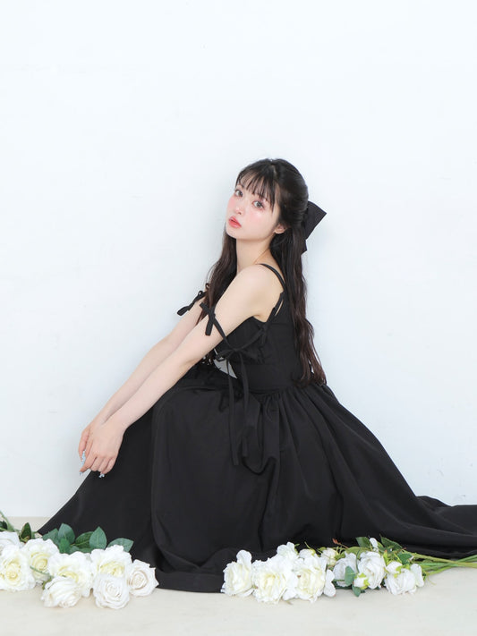 Ribbon gather flare long onepiece(eme10713)