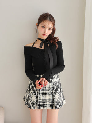 Roving check box pleated skirt(eme10726)