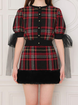 Royal tartan fur skirt(eme10778)