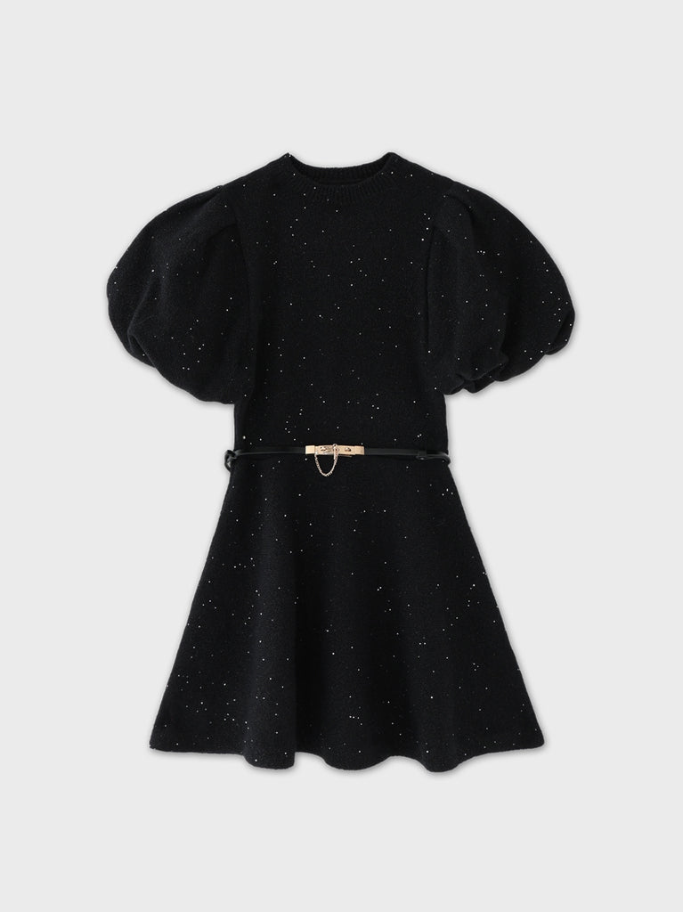 Sequin puff knit belt onepiece(eme10552)