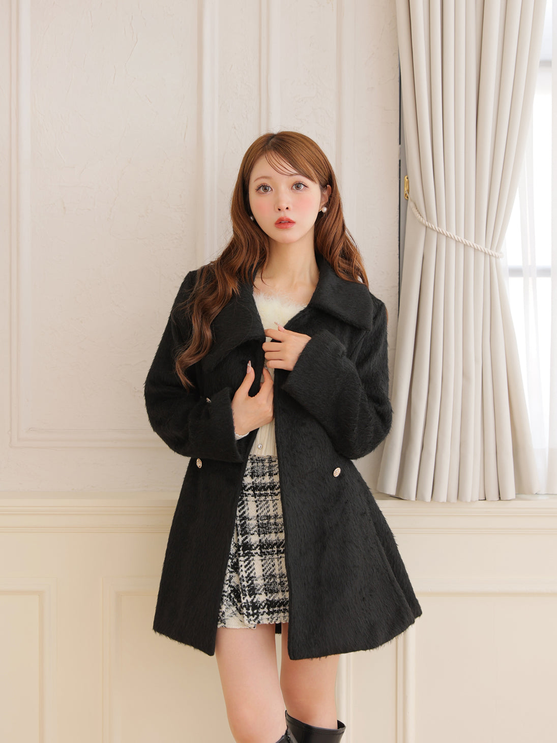 Shaggy belted coat(eme10779)
