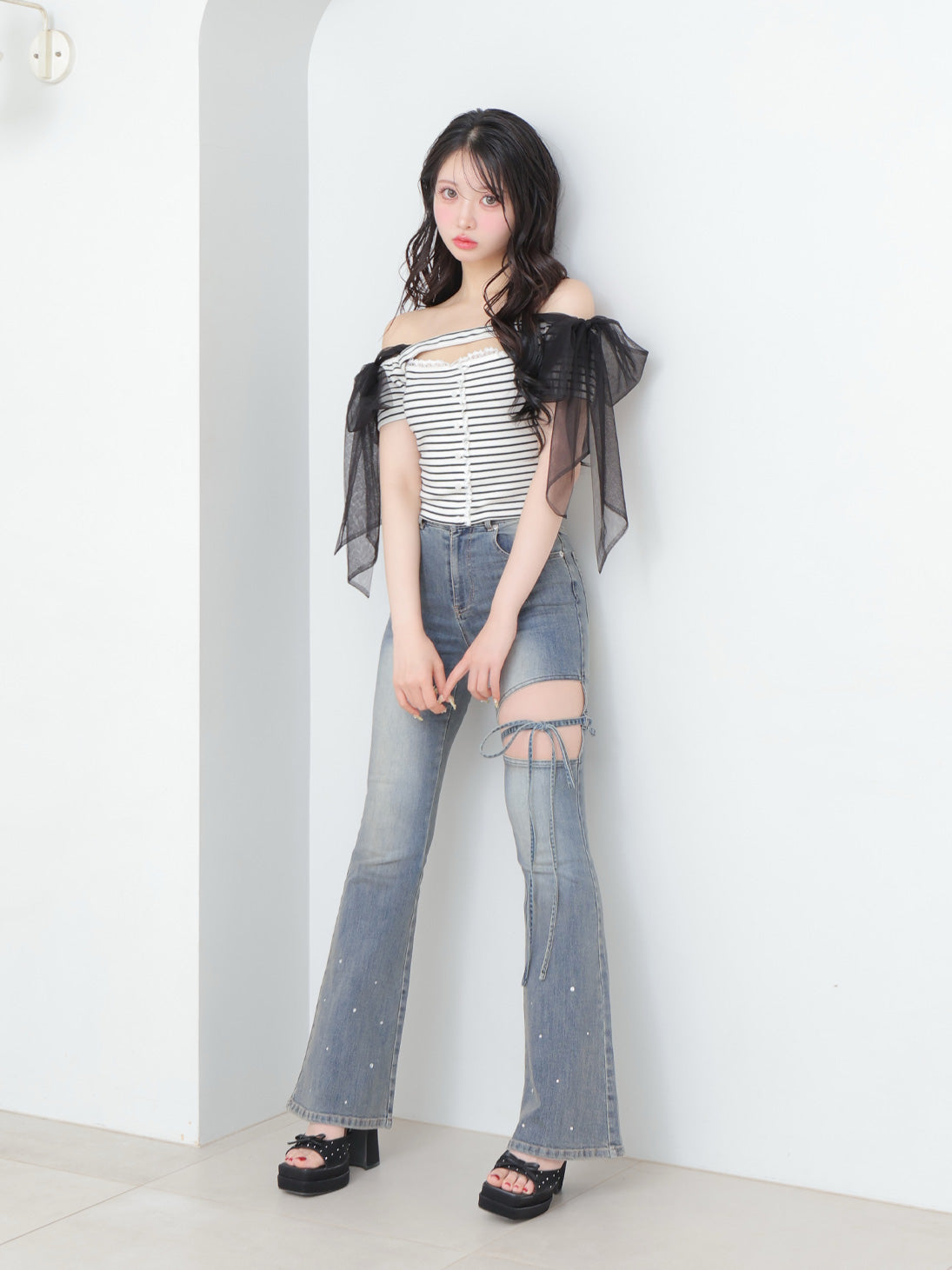 Ribbon bleach flare denim(eme10711)