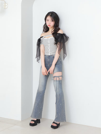 Ribbon bleach flare denim(eme10711)