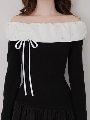 Bicolor ribbon off shoulder knit mini onepiece(eme10747)