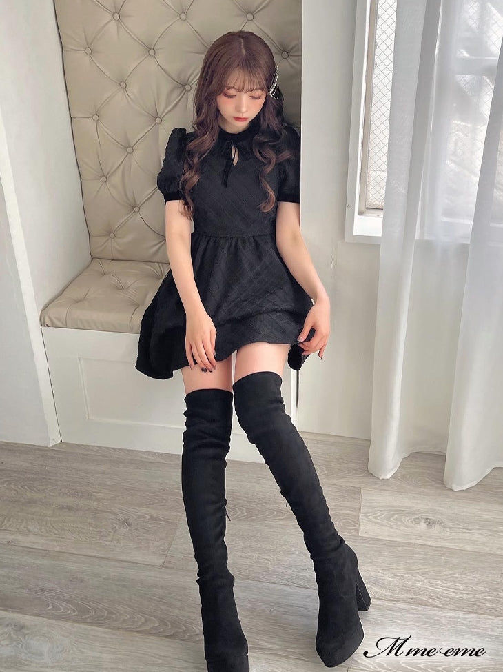 【SALE】 Black ribbon volume dress (eme10235)