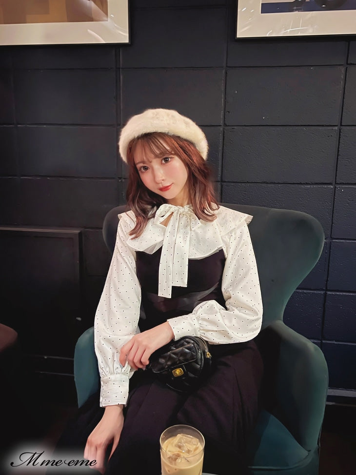 【SALE】Dot flocky ruffle ribbon blouse (eme10228)