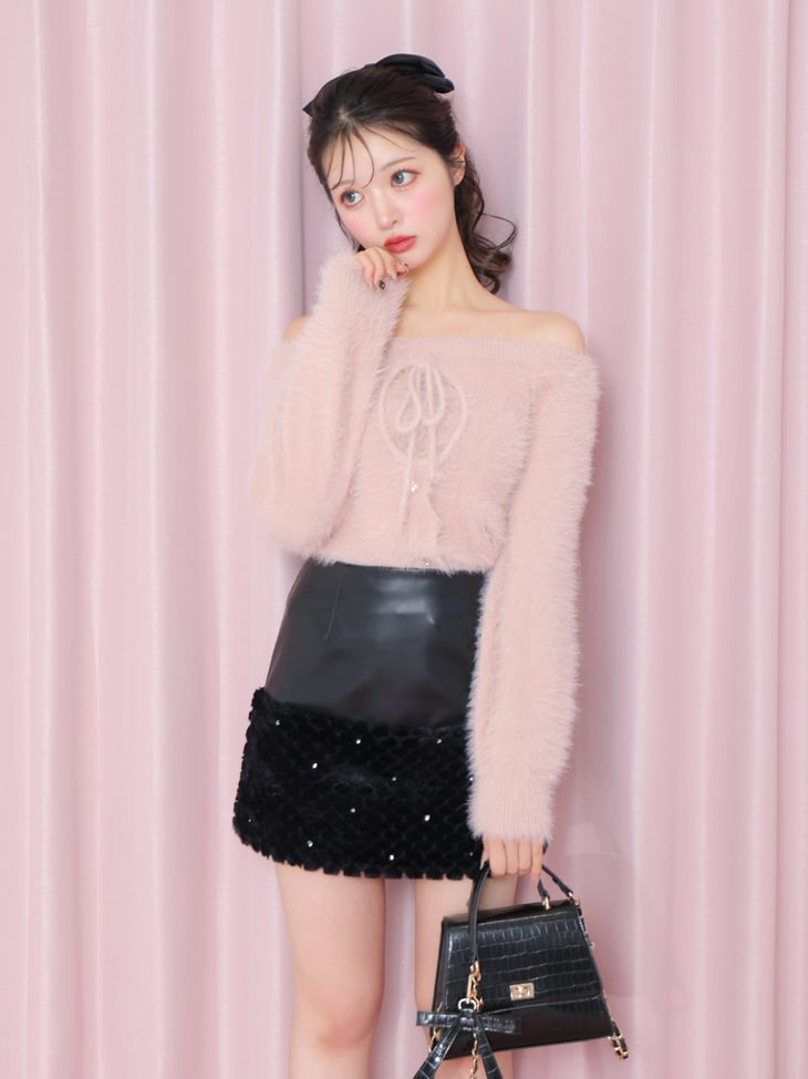 Ribbon off shoulder shaggy knit tops (eme10525)