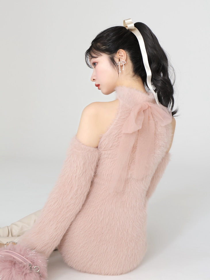Back ribbon shaggy knit mini onepiece(eme10376)