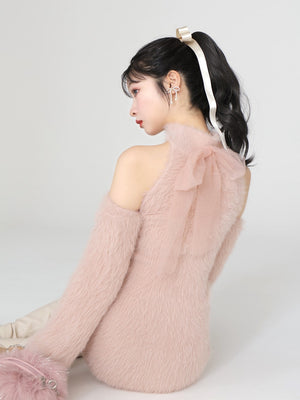 Back ribbon shaggy knit mini onepiece(eme10376)