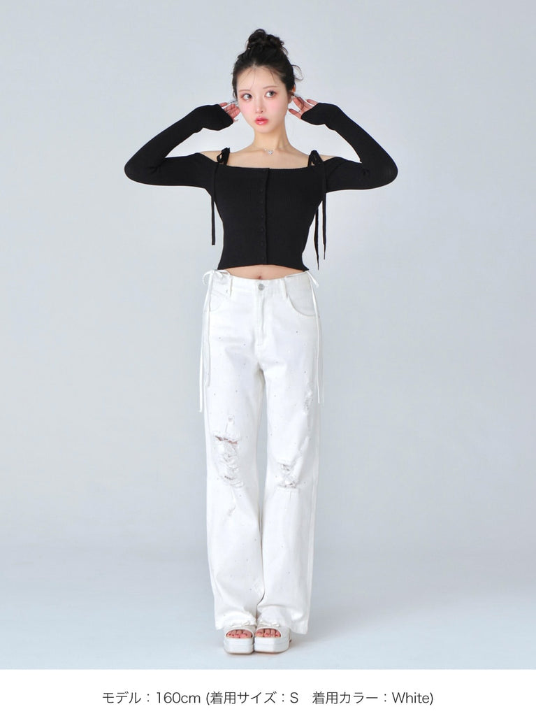 Side ribbon straight denim(eme10390)