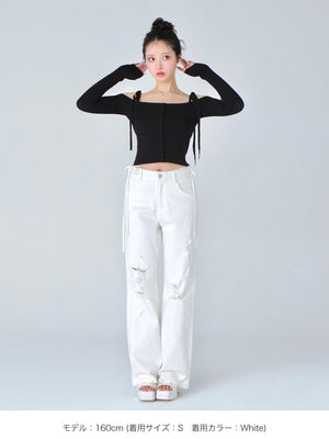 Side ribbon straight denim(eme10390)