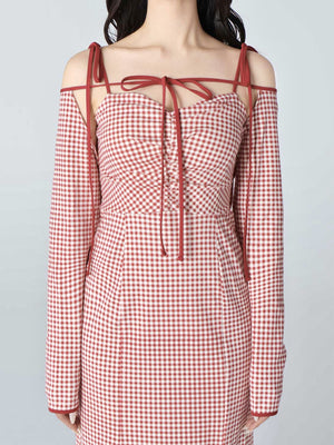 Gingham check ensemble long onepiece(eme10812)