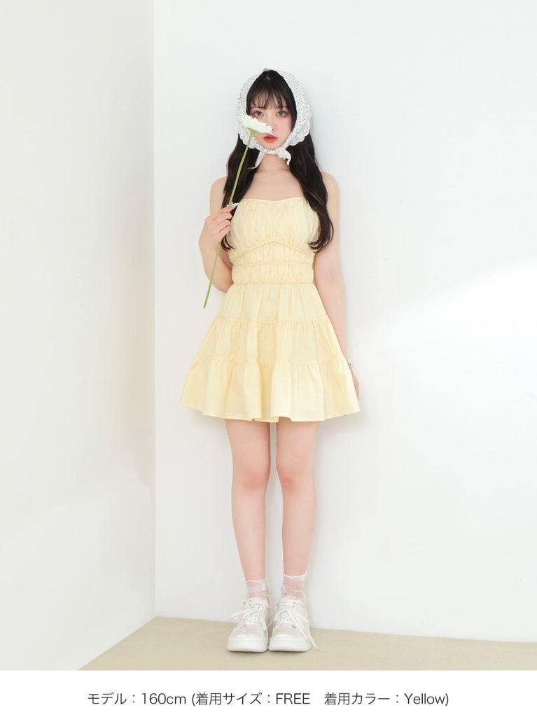 Back ribbon gather flare mini onepiece(eme10704)