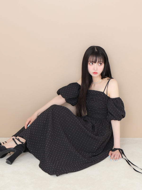 Puff sleeves studded long onepiece(eme10487)