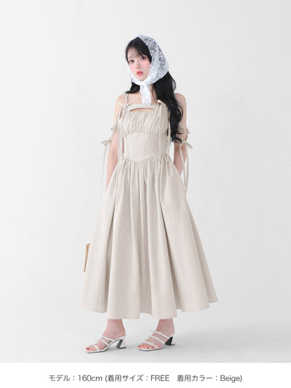 Ribbon gather flare long onepiece(eme10713)