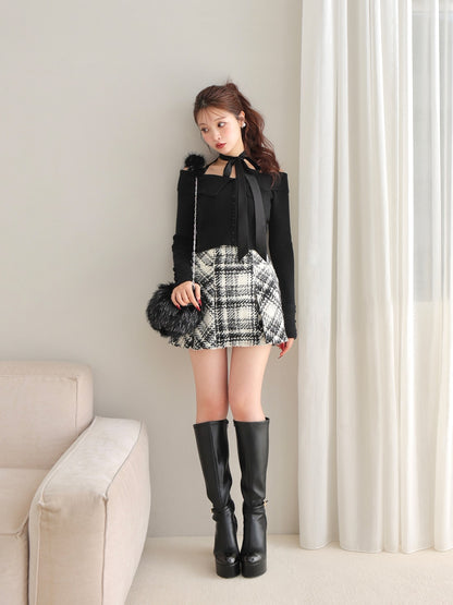 Roving check box pleated skirt(eme10726)
