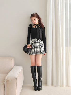 Roving check box pleated skirt(eme10726)