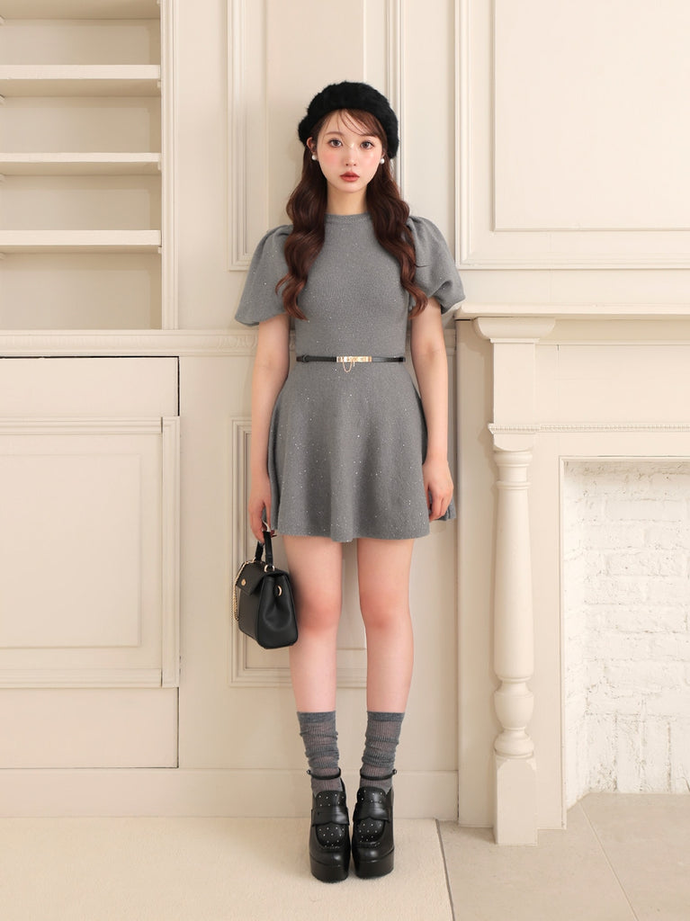 Sequin puff knit belt onepiece(eme10552)