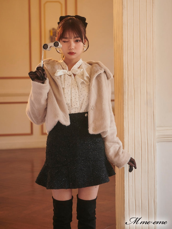 【SALE】Dot flocky ruffle ribbon blouse (eme10228)