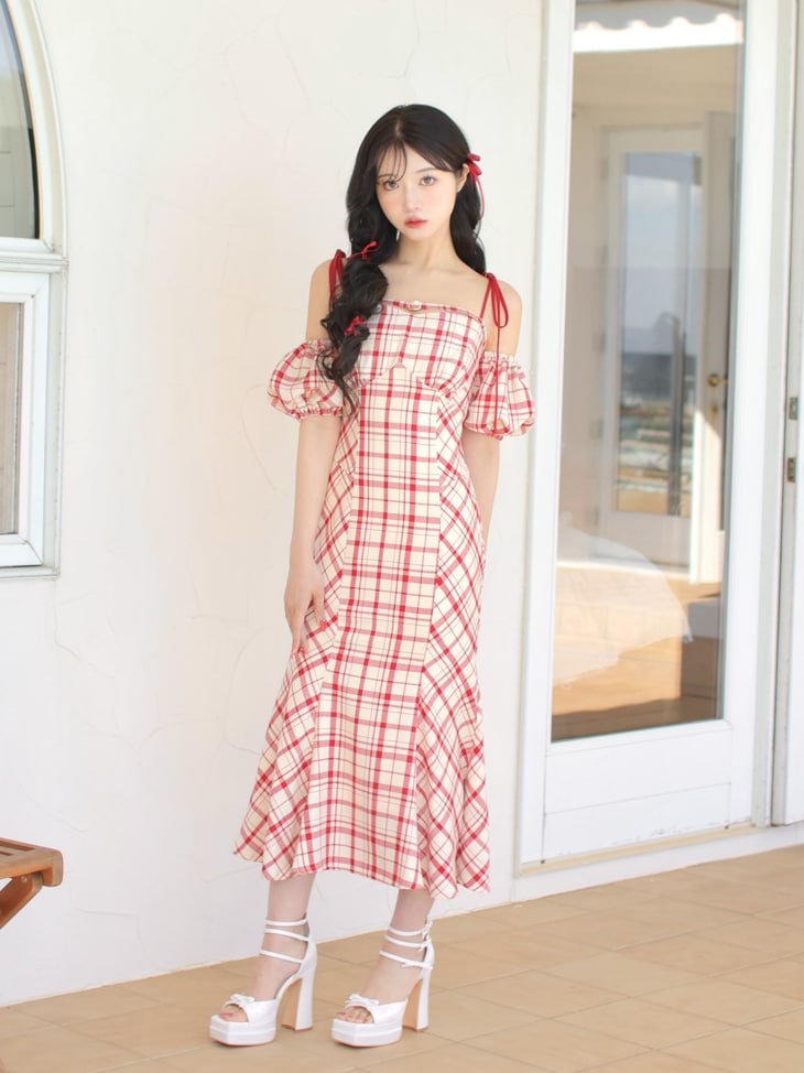 【SALE】2way check long mermaid dress (eme10514)