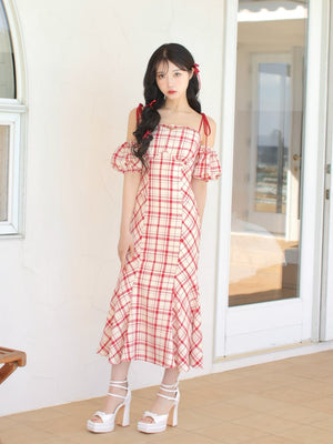 【SALE】2way check long mermaid dress (eme10514)