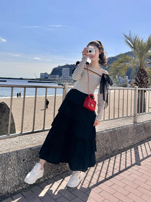 【SALE】Cotton lace tiered long skirt (eme10438)