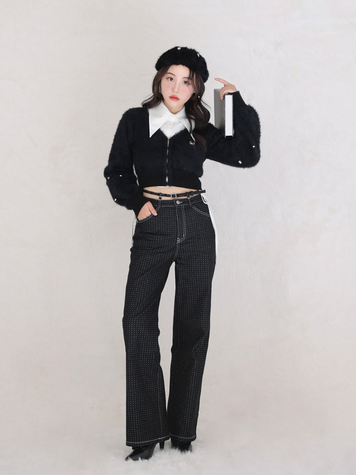 V neck shaggy knit cardigan(eme10360)