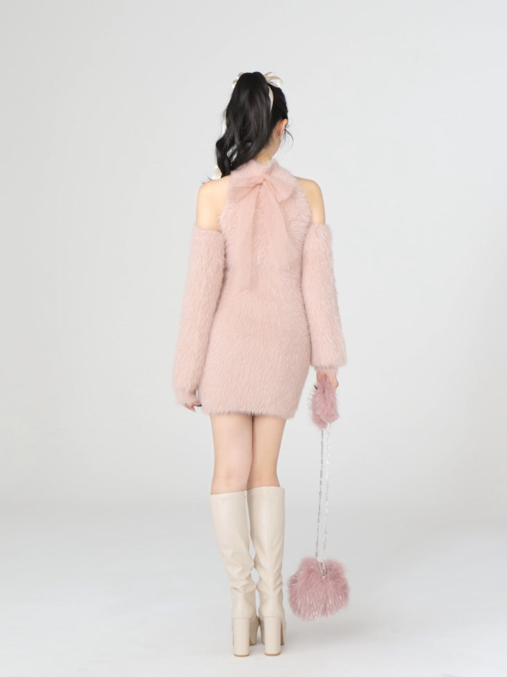 Back ribbon shaggy knit mini onepiece(eme10376)