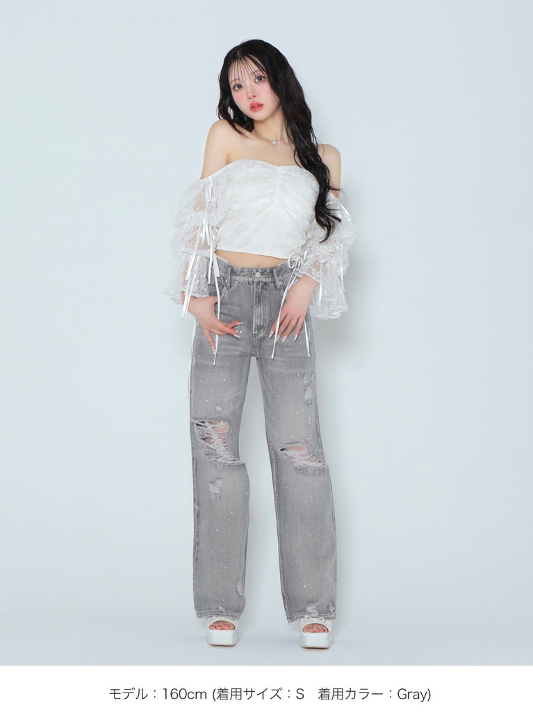 Side ribbon straight denim(eme10390)