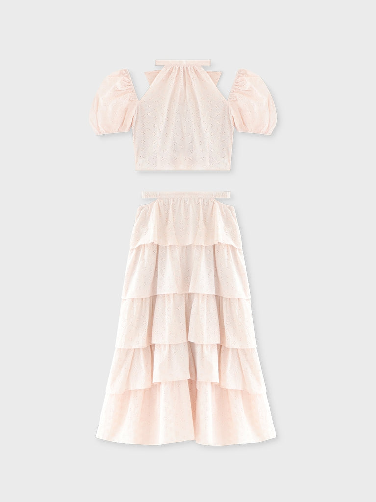 Cotton lace cut-out tops(eme10476)