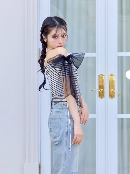 Decollete cut tulle ribbon tops(eme10398)