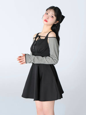 Gingham check ensemble long onepiece(eme10812)