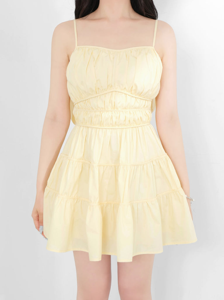 Back ribbon gather flare mini onepiece(eme10704)