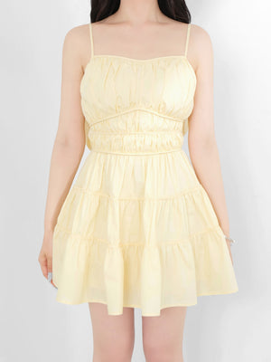 Back ribbon gather flare mini onepiece(eme10704)