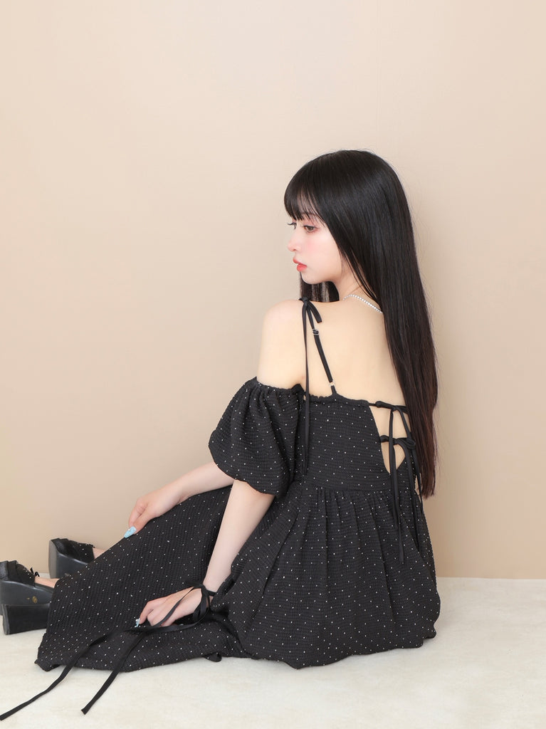 Puff sleeves studded long onepiece(eme10487)