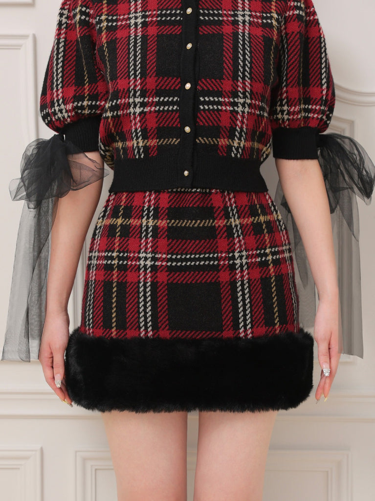 Royal tartan fur skirt(eme10778)