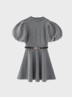 Sequin puff knit belt onepiece(eme10552)