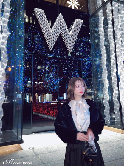 【SALE】Dot flocky ruffle ribbon blouse (eme10228)