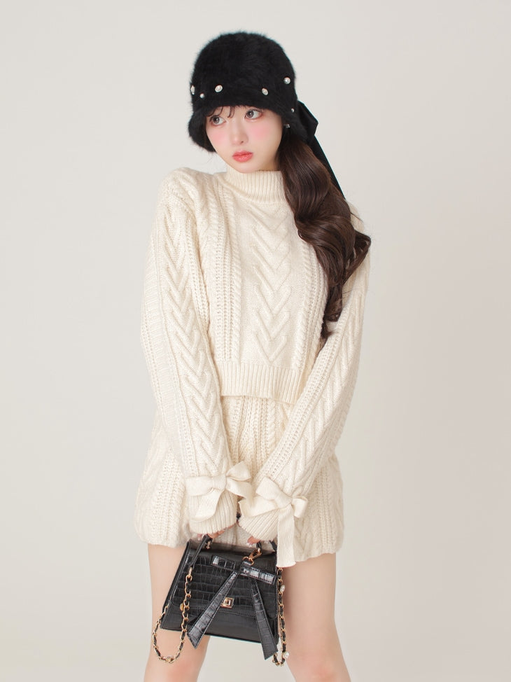 【SALE】Heart cable ribbon knit tops (eme10249)