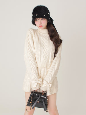 【SALE】Heart cable ribbon knit tops (eme10249)