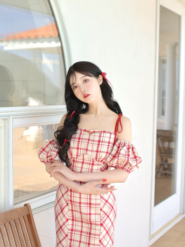 【SALE】2way check long mermaid dress (eme10514)