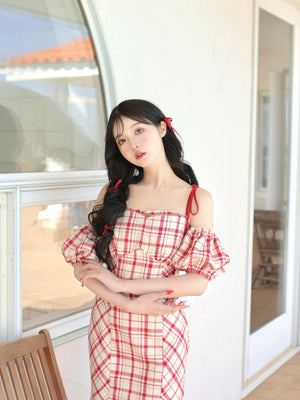 【SALE】2way check long mermaid dress (eme10514)