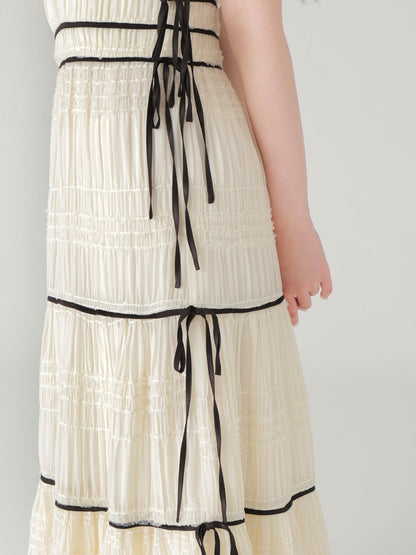 Side ribbon tiered chiffon long onepiece(eme10385)
