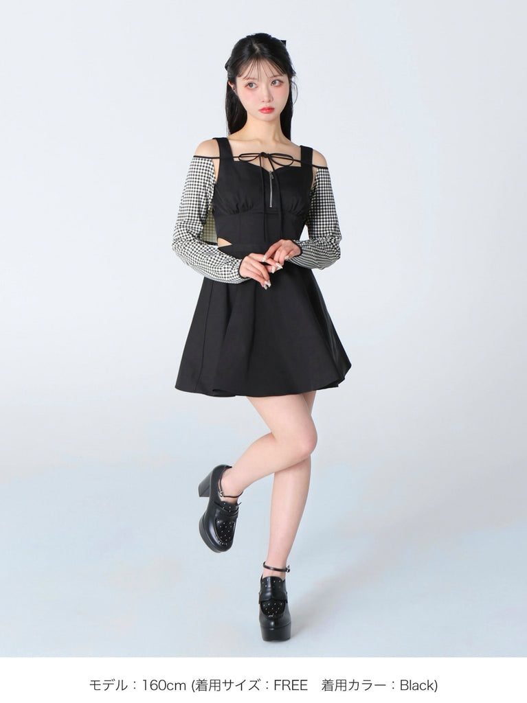 Gingham check ensemble long onepiece(eme10812)