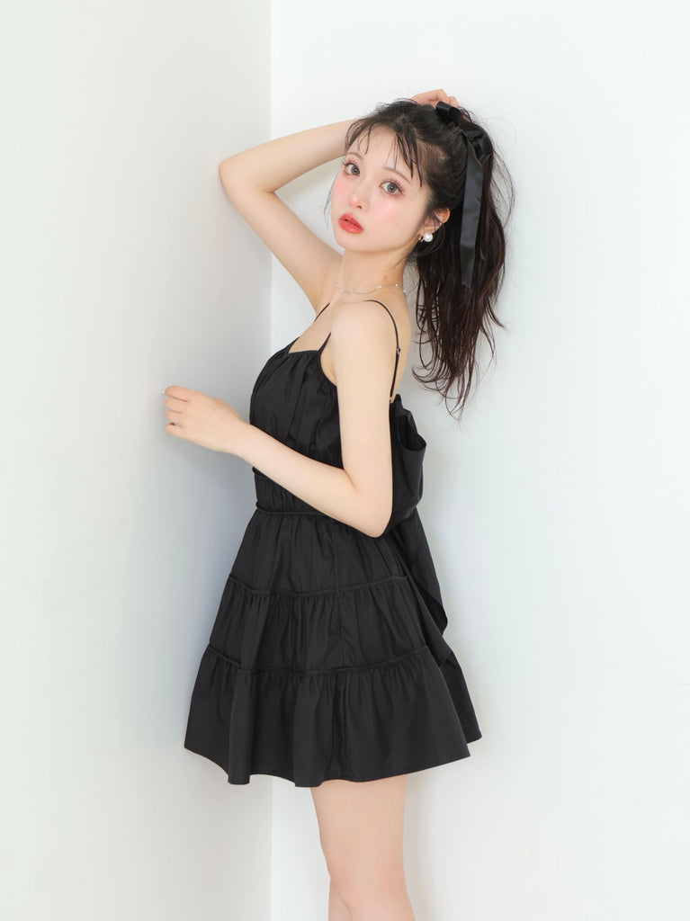 Back ribbon gather flare mini onepiece(eme10704)