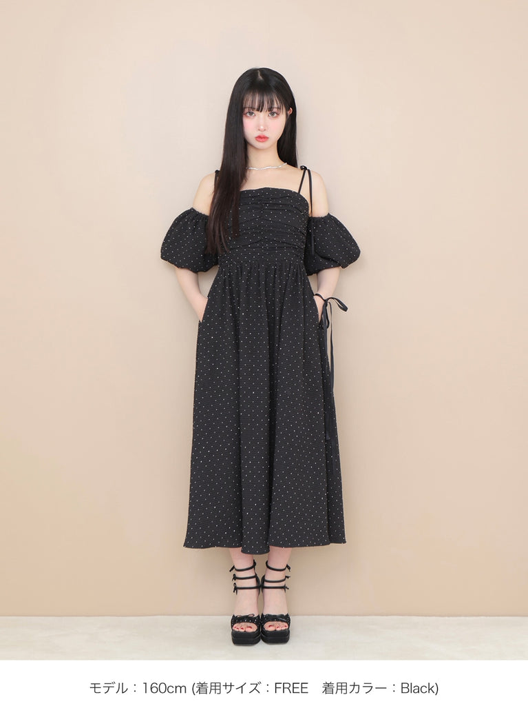 Puff sleeves studded long onepiece(eme10487)