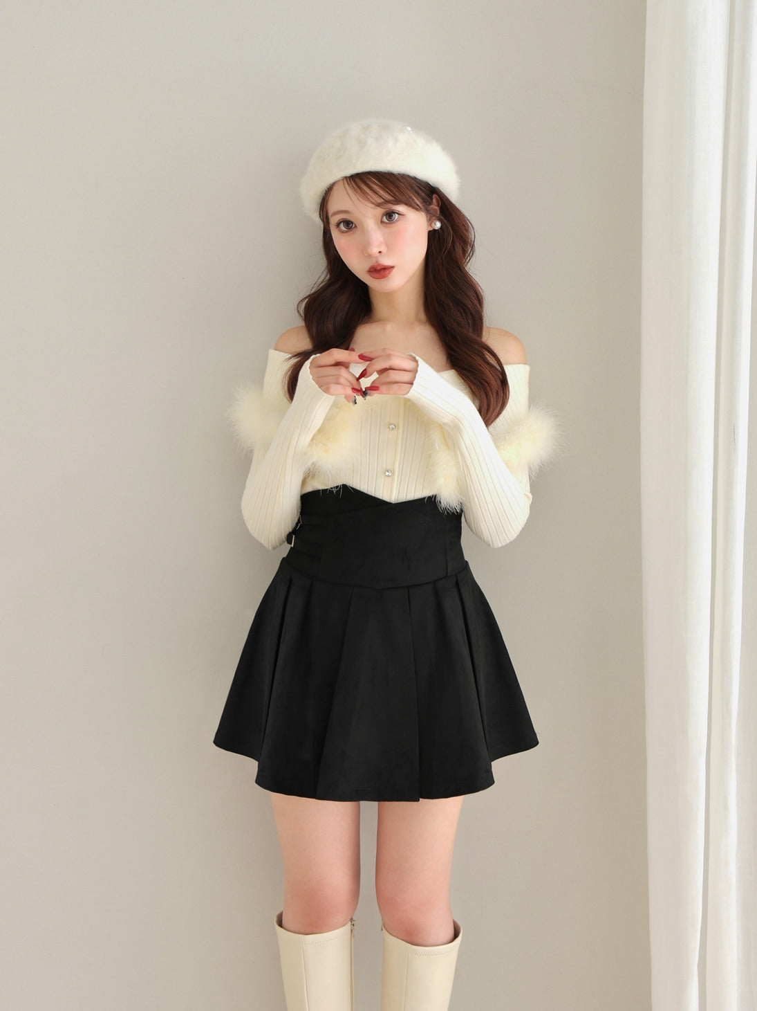 High waist belt pleated mini skirt(eme10758)