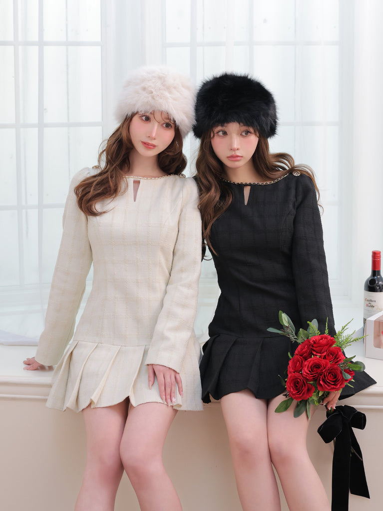 Tweed check pleated onepiece(eme10563)